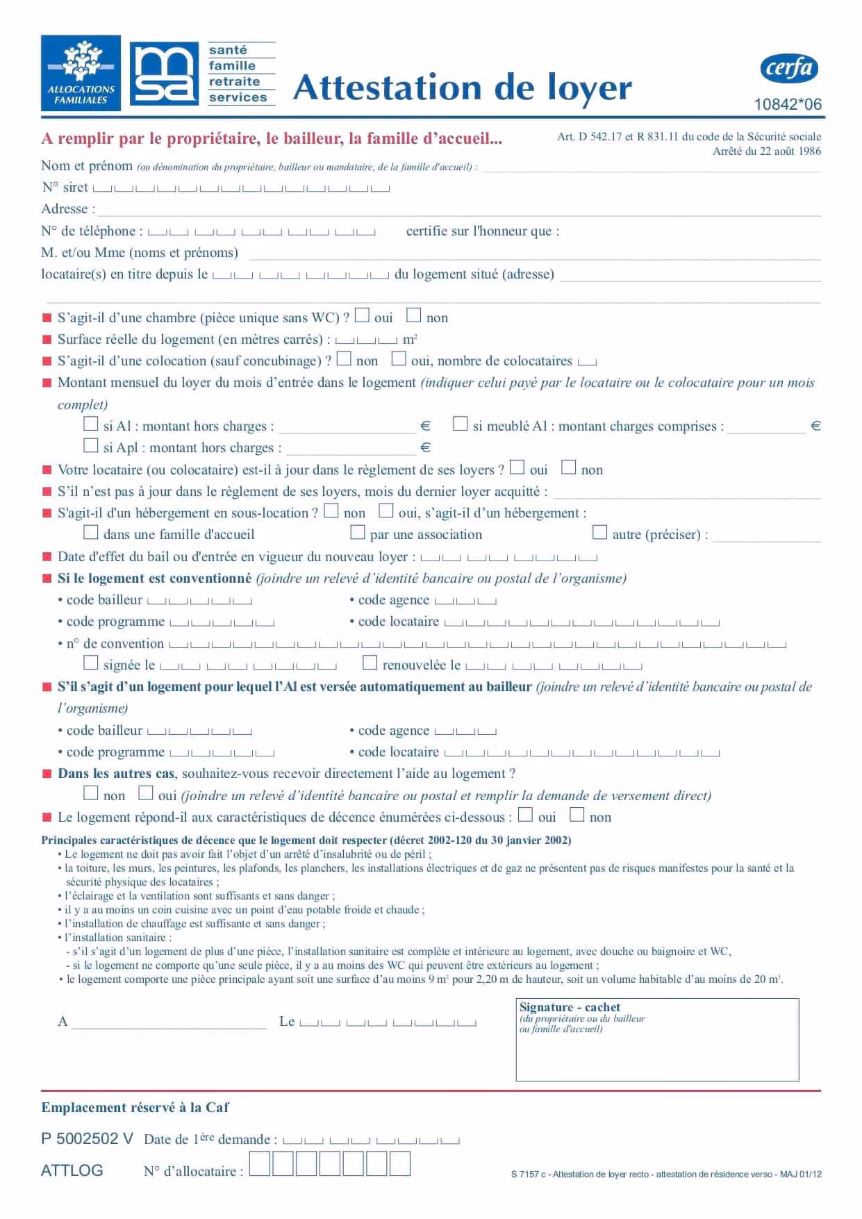 Attestation de loyer CAF