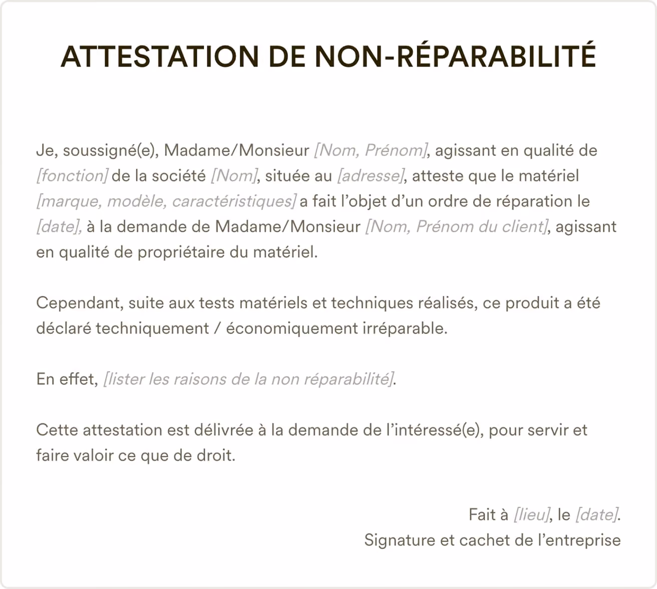 Attestation non réparabilité