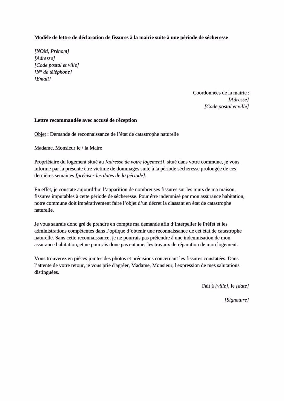 ModÚle de lettre de déclaration
