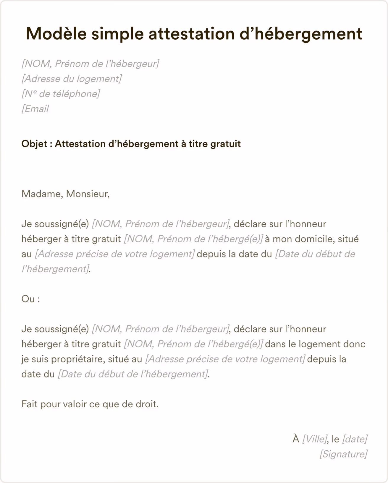 Modèle simple attestation d’hébergement