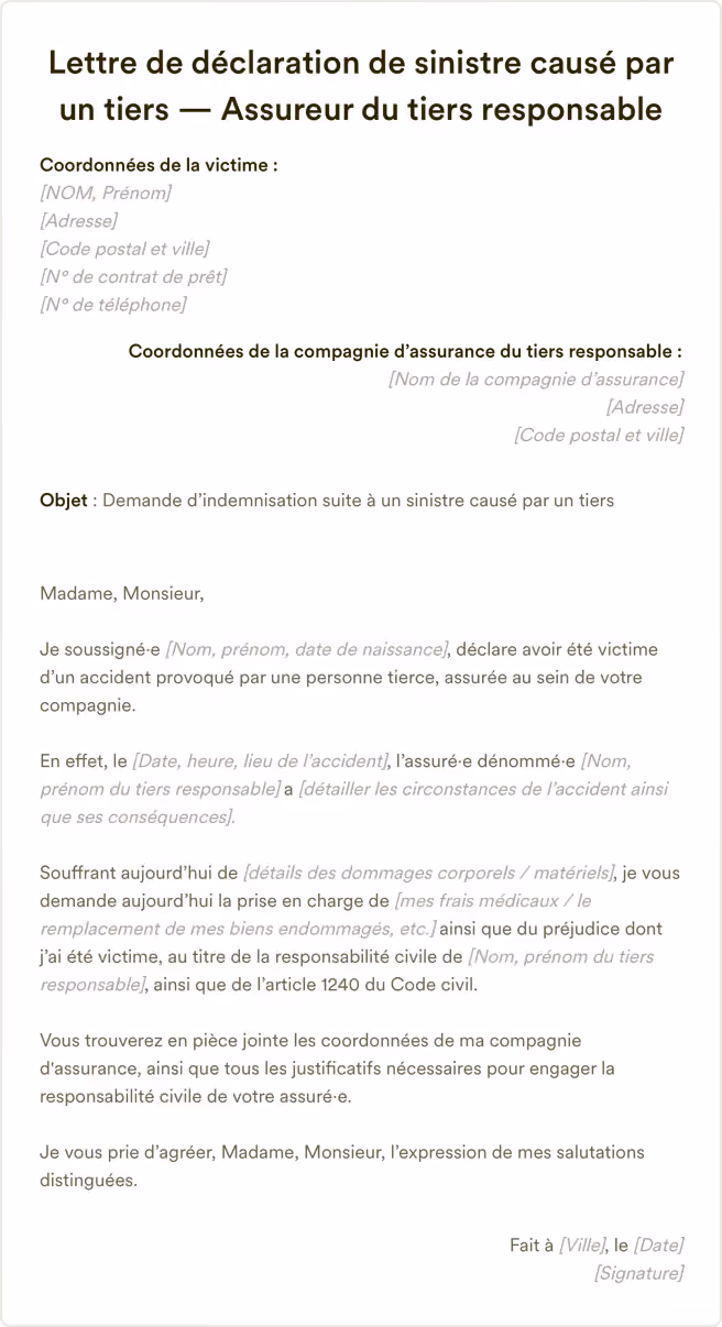 Modèle de lettre à l'assureur pour un sinistre causé par un tiers