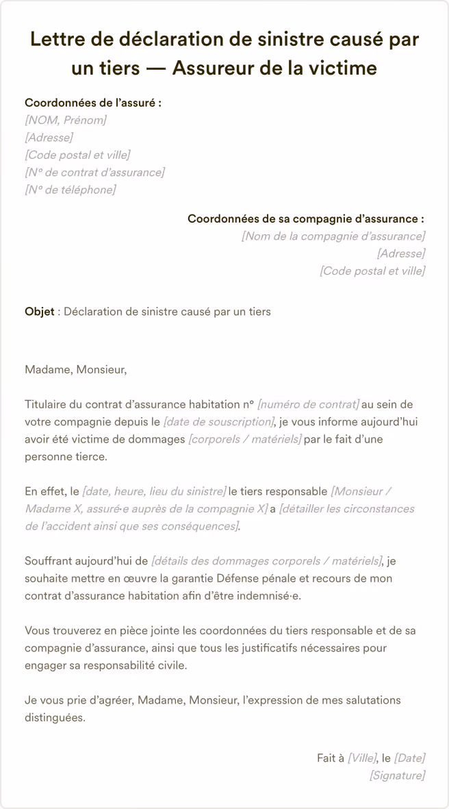 Modèle de lettre de déclaration de sinistre causé par un tiers