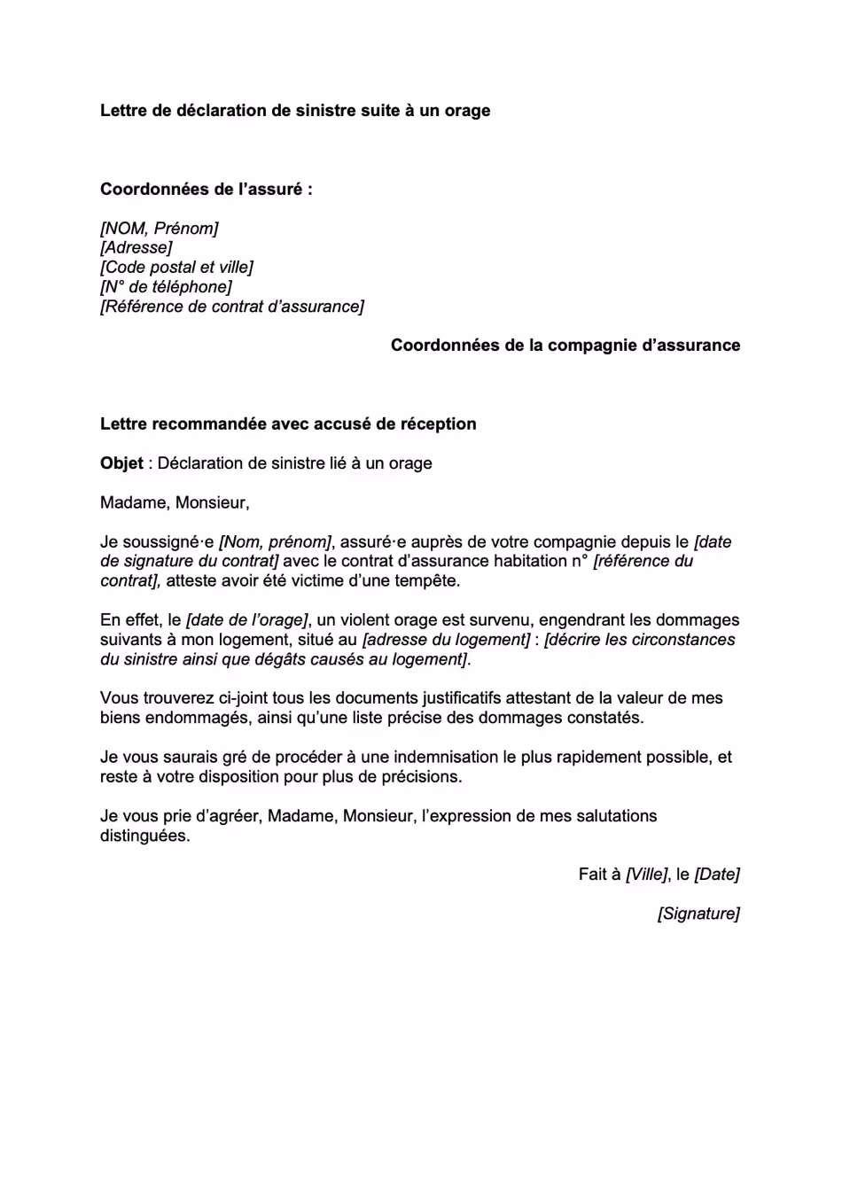 Modèle de lettre de déclaration de sinistre causé par un orage