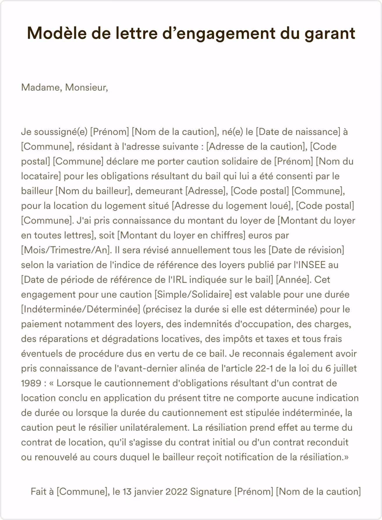 Modèle de lettre d’engagement du garant