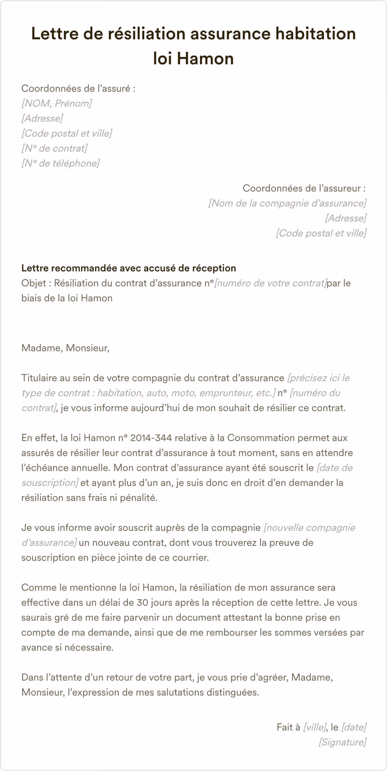 Lettre de résiliation assurance habitation loi Hamon