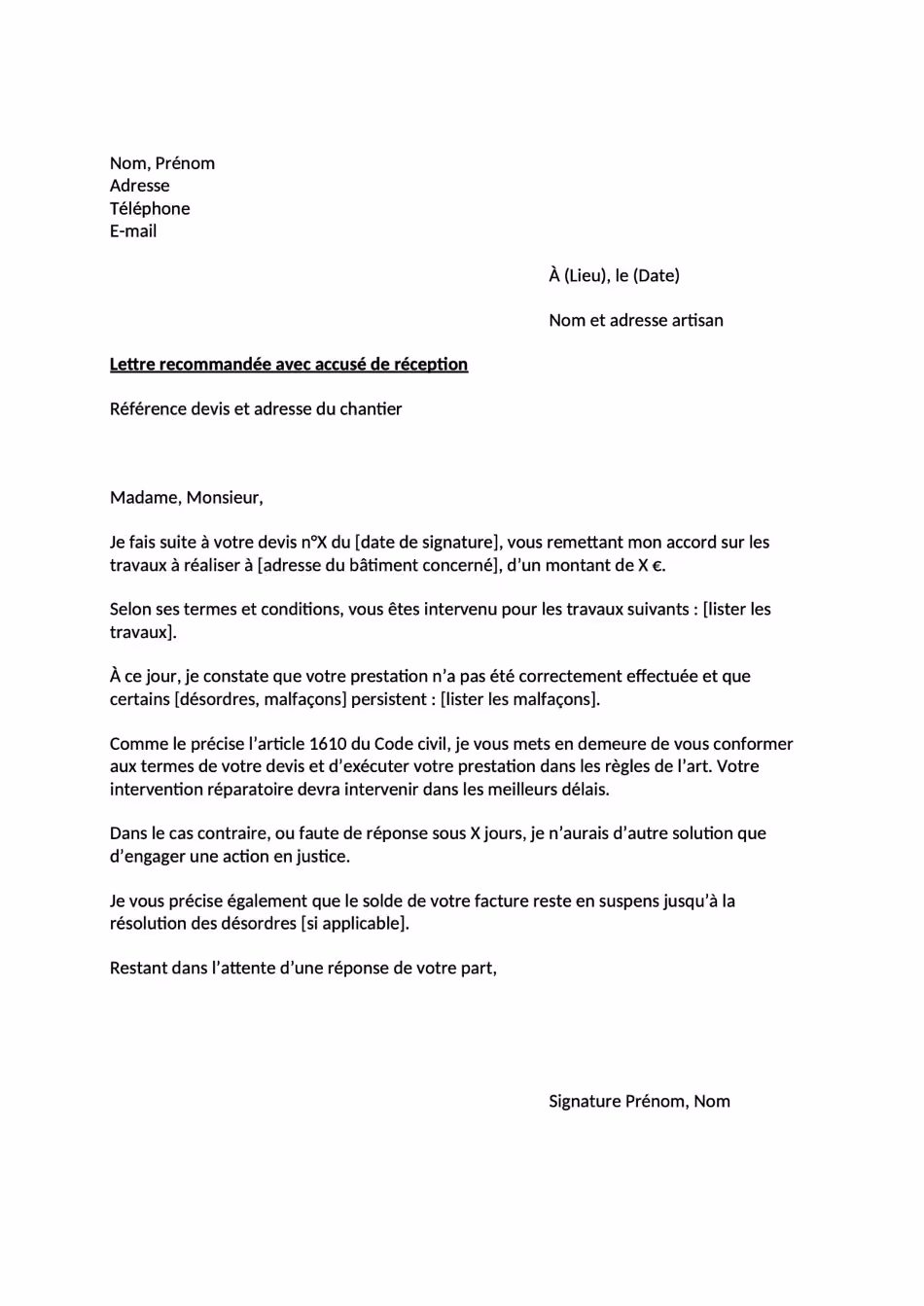 Modèle lettre réclamation pour malfaçons