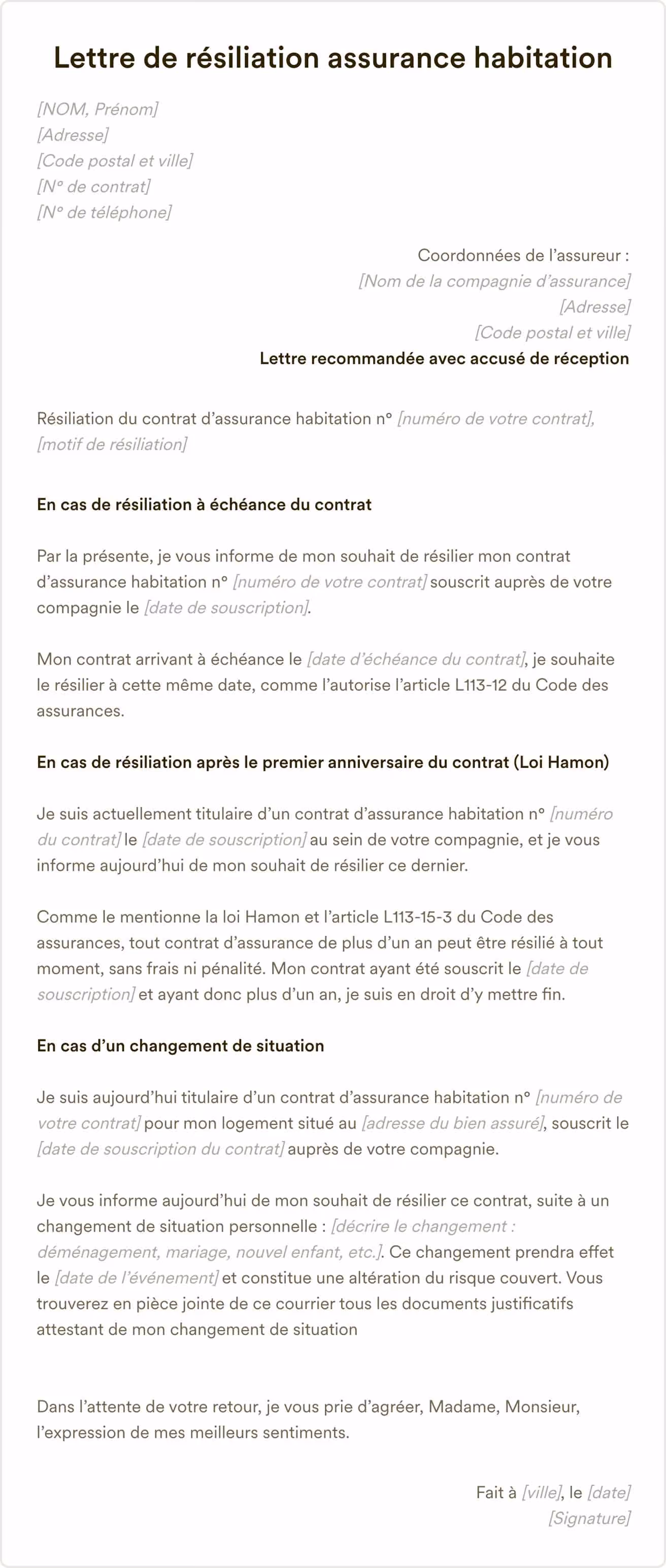 Lettre de résiliation assurance habitation