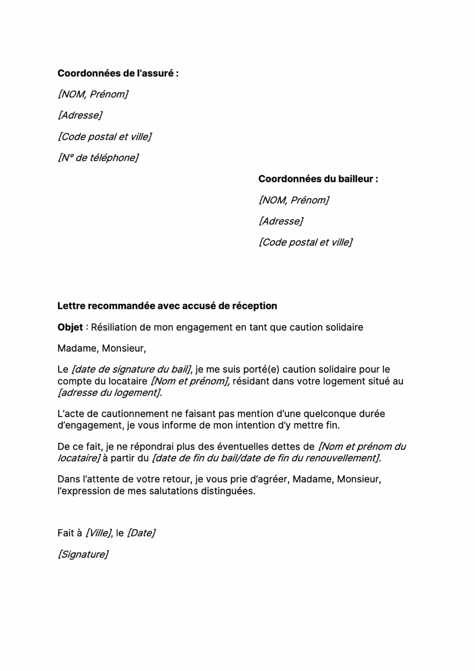 Modèle de lettre de résiliation de caution solidaire