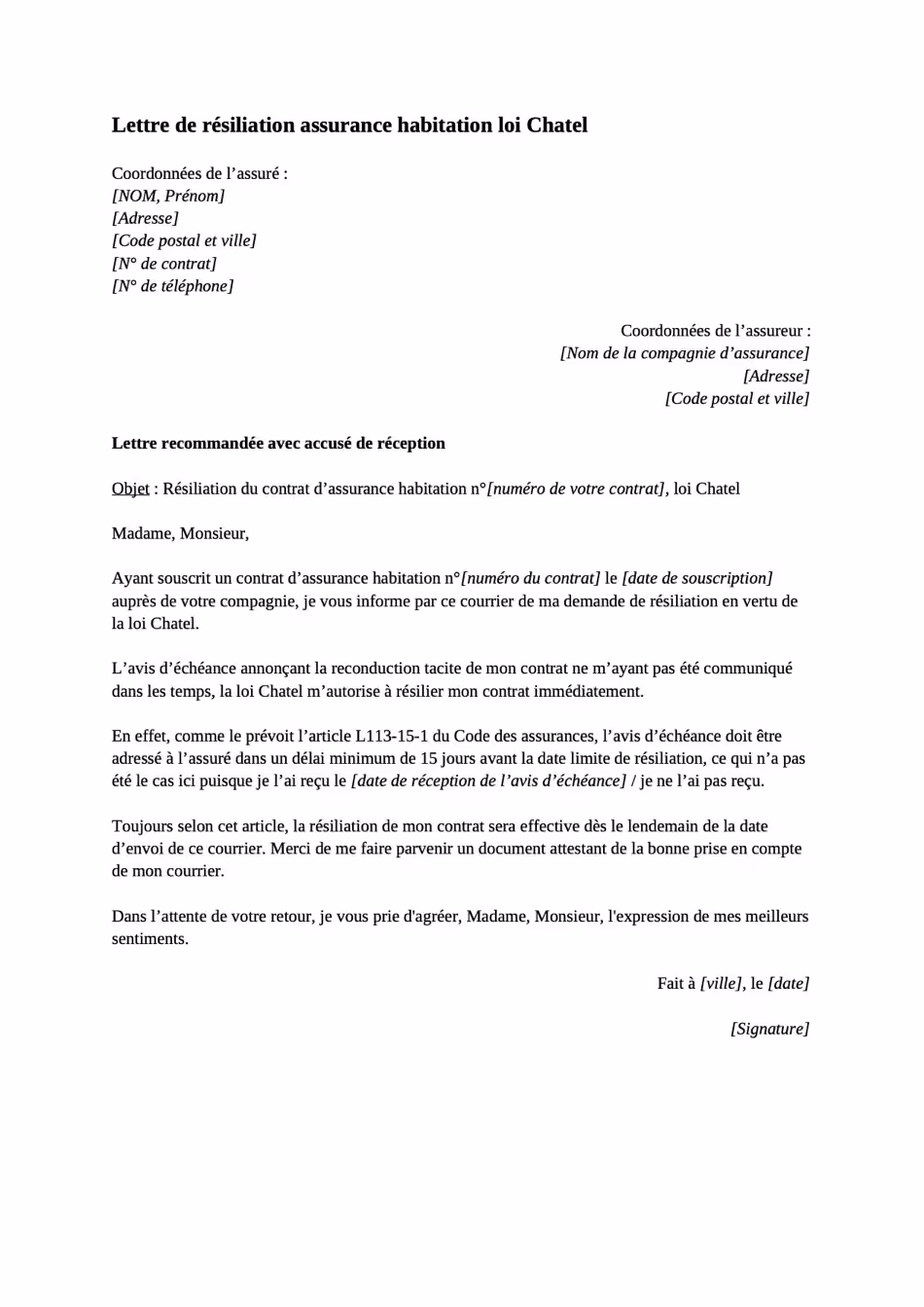 Lettre de résiliation assurance habitation loi Chatel