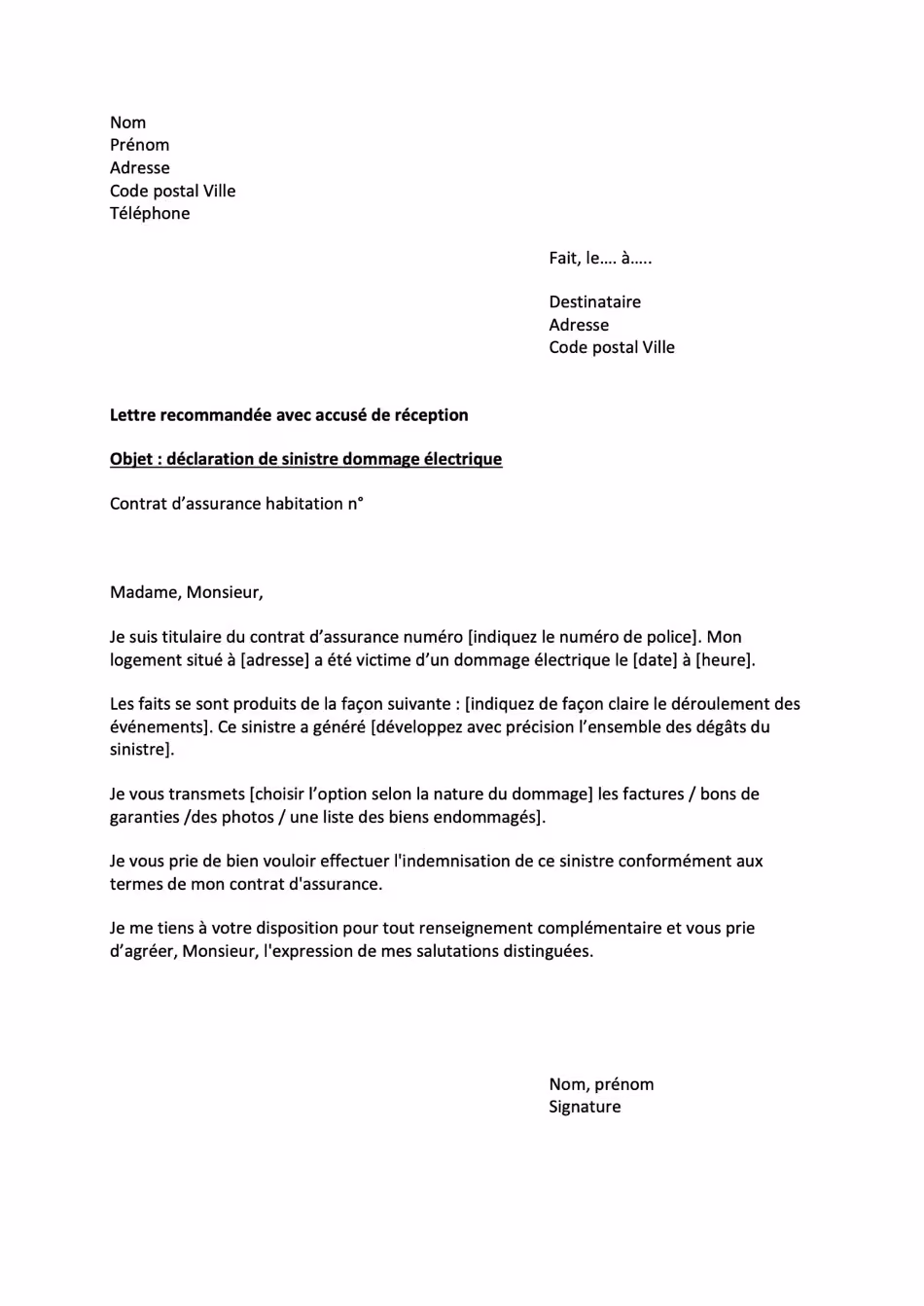 Modèle de lettre de déclaration de dommage électrique