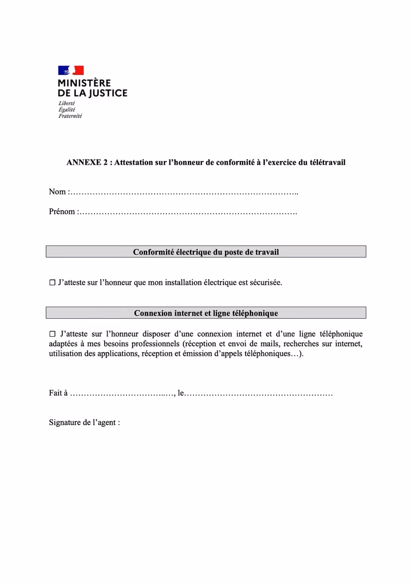 Modèle attestation sur l'honneur télétravail