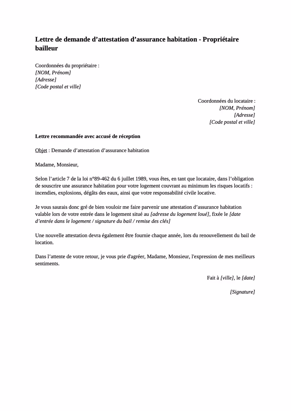 Lettre attestation proprietaire bailleur