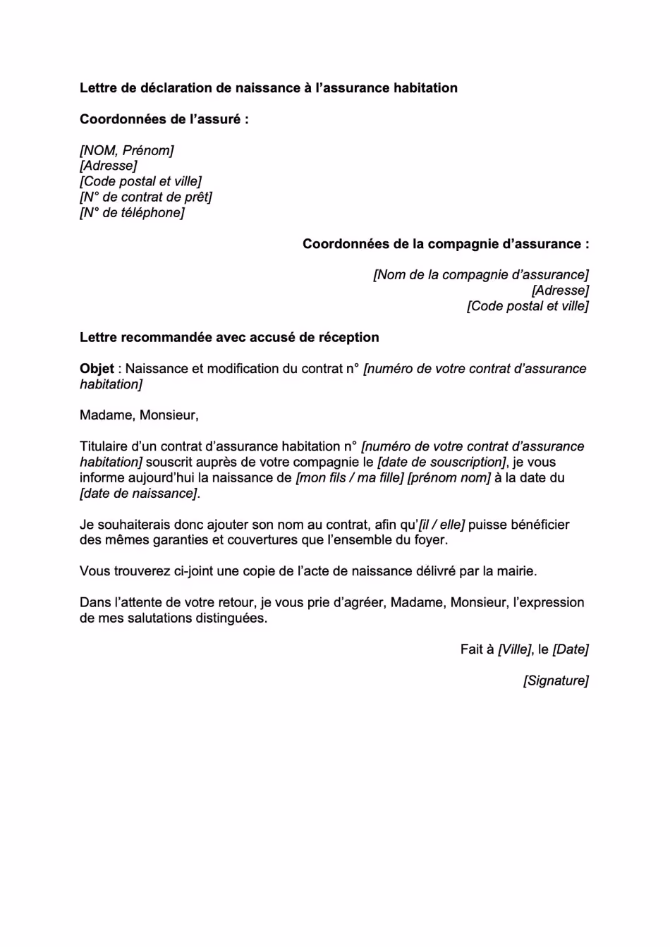 Modèle de lettre de déclaration de naissance