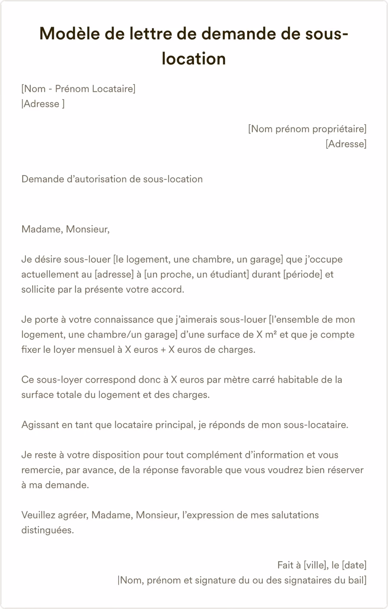 Modèle de lettre de demande de sous location