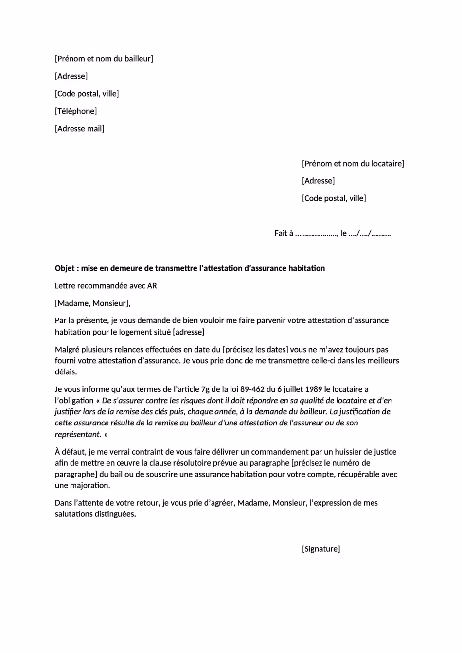 Modèle de lettre de mise en demeure