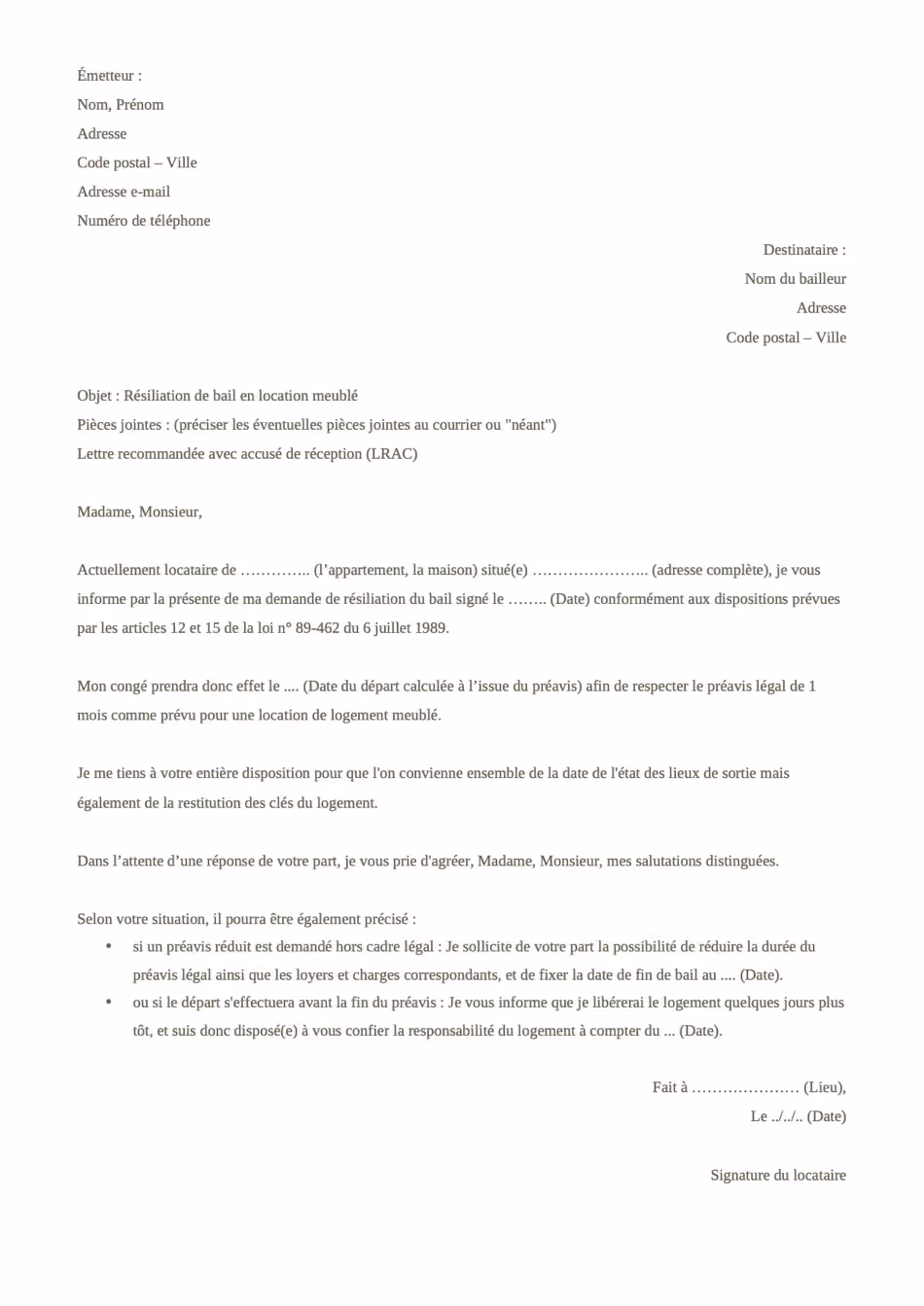 Modèle de lettre de résiliation de bail meublé
