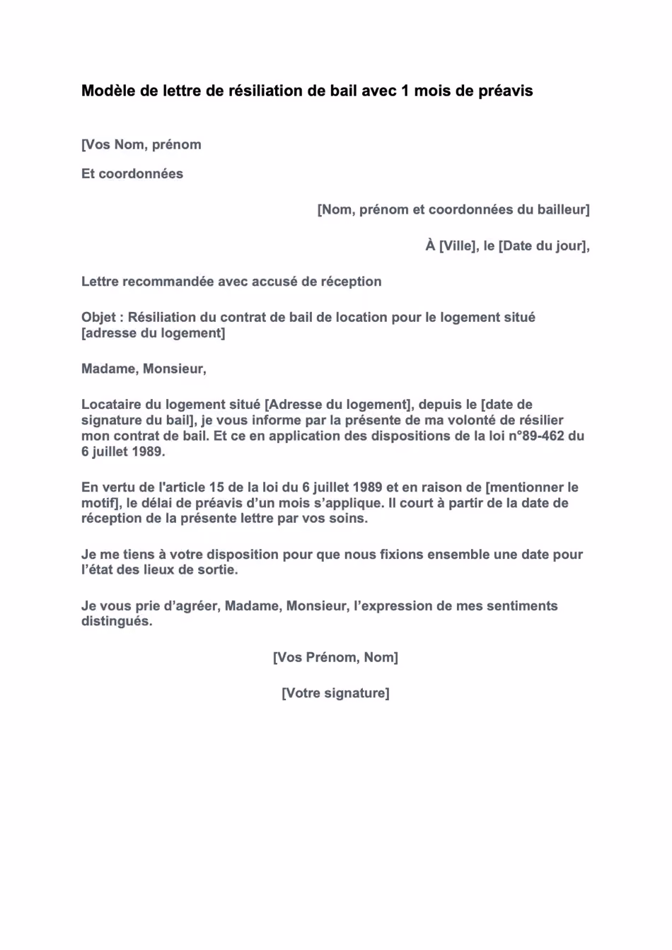 Modèle de lettre de résiliation de bail avec 1 mois de préavis