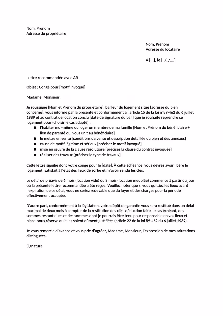 Modèle de lettre de résiliation de bail par le propriétaire