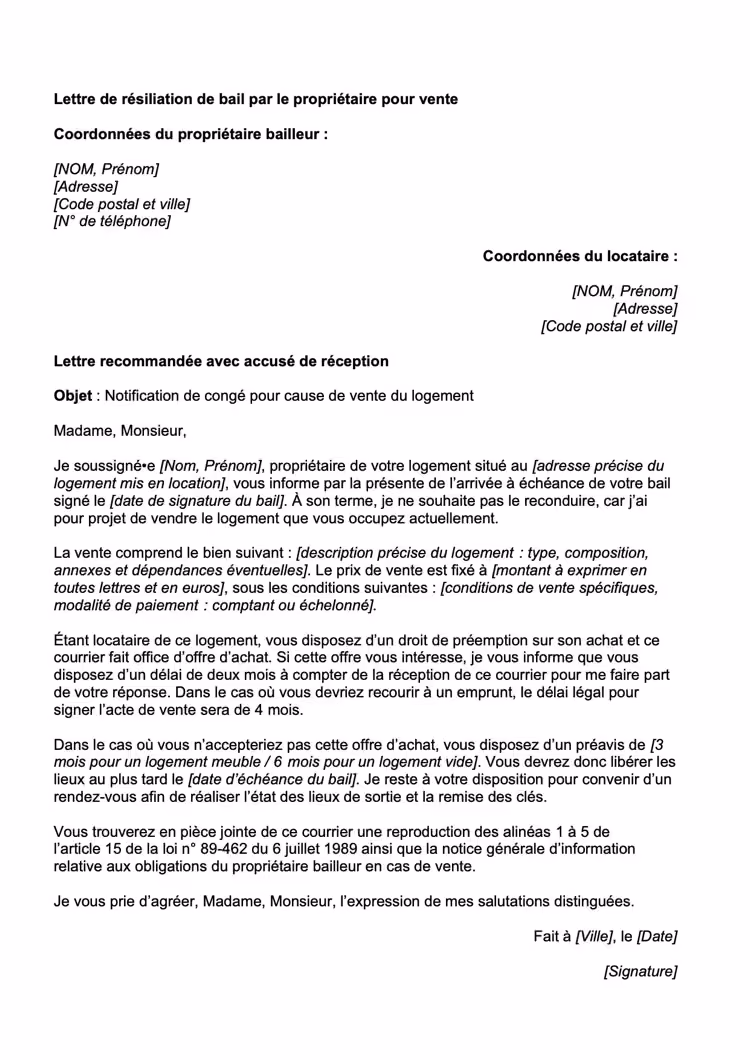 Modèle de lettre de résiliation du bail par le propriétaire du fait d'une vente