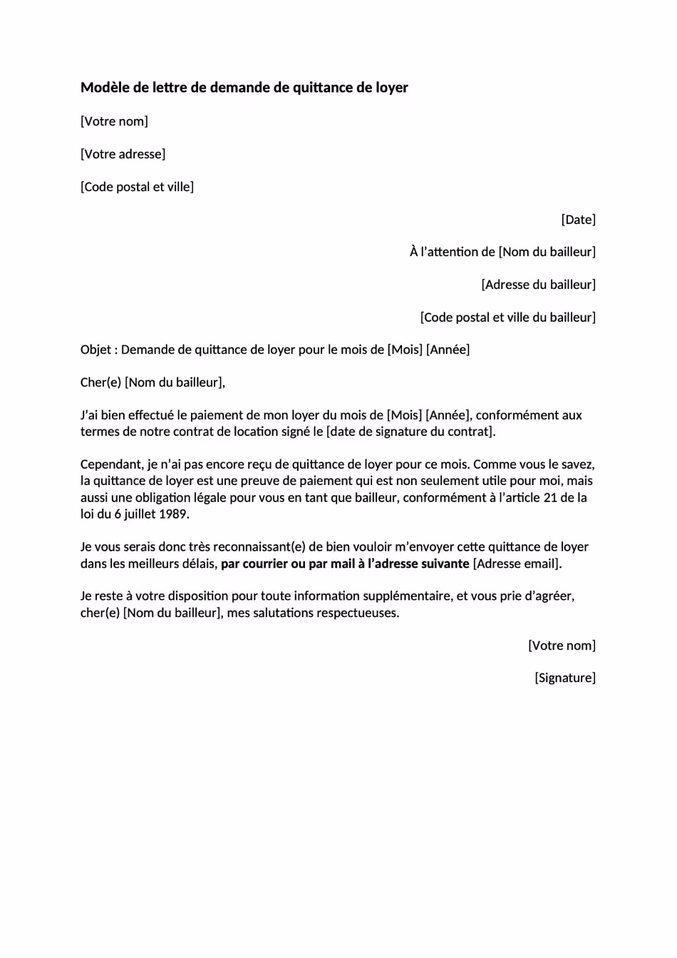 Modèle de lettre de demande de quittance de loyer
