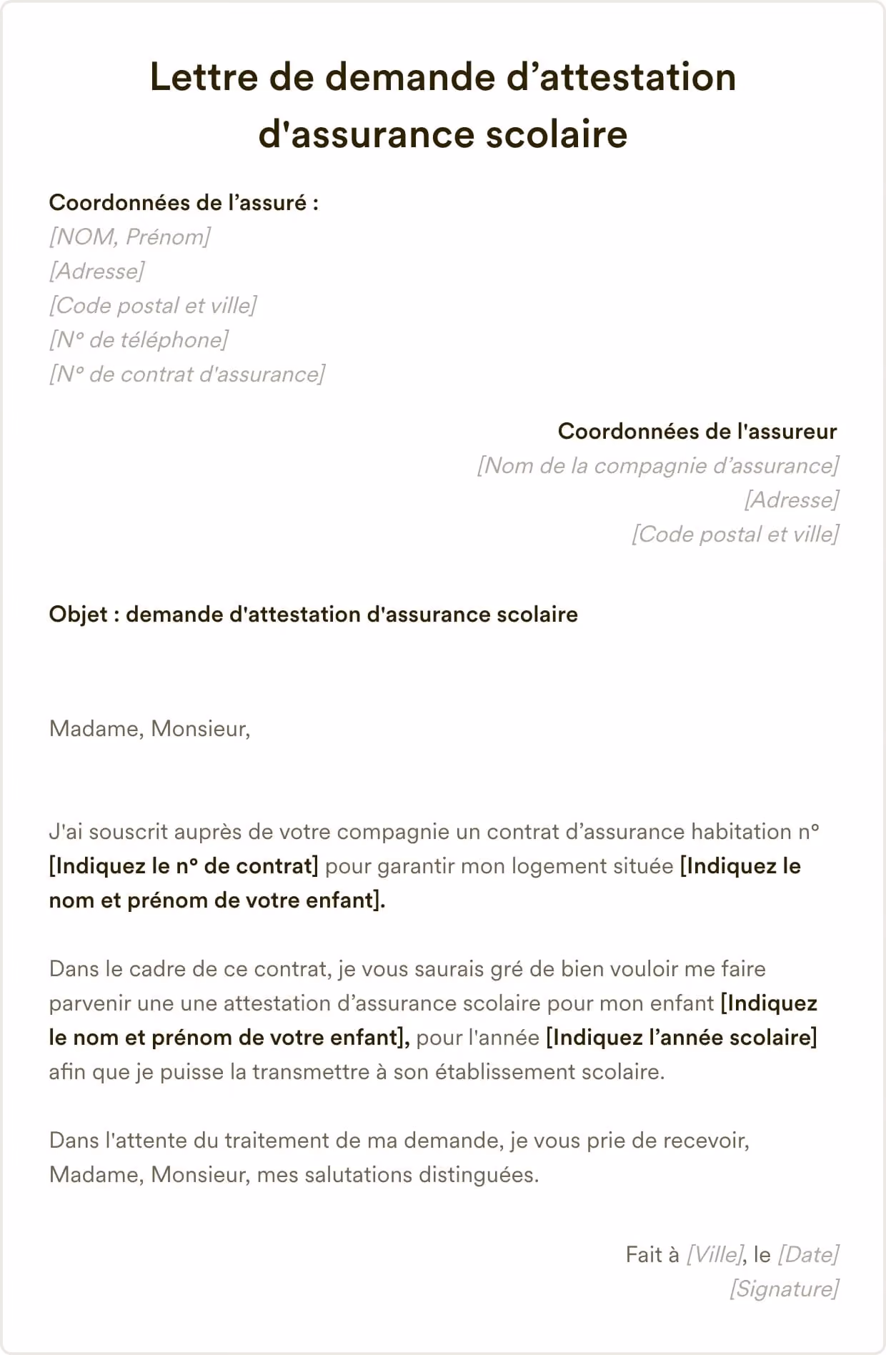 Modèle de lettre de demande d'attestation d'assurance scolaire